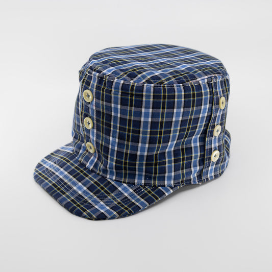 Handmade Blue tartan plaid button up hat